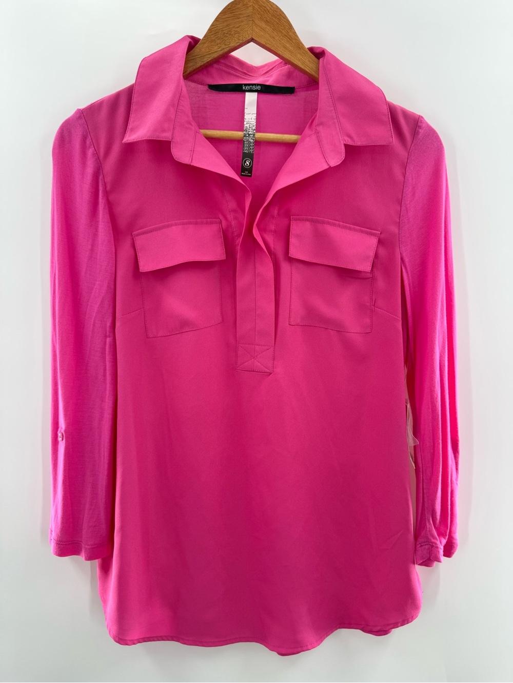 NWT Kensie Long Roll Tab Sleeve Pull Over V-Neck Blouse Lightweight Hot Pink S - Picture 2 of 11